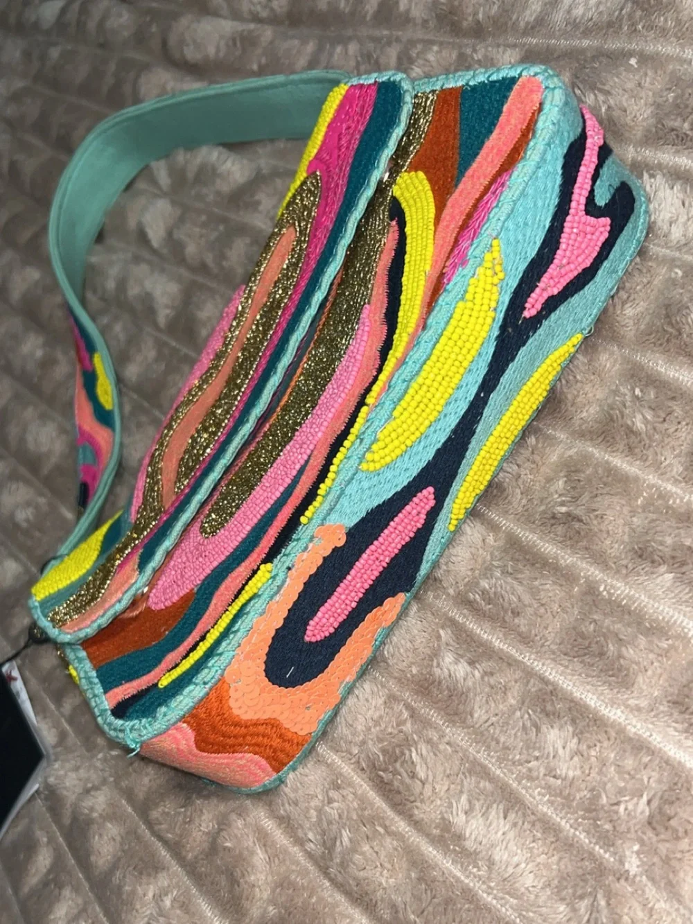 NWT Beaded - America & Beyond Vibrant Multicolor Shoulder Bag with Teal Strap